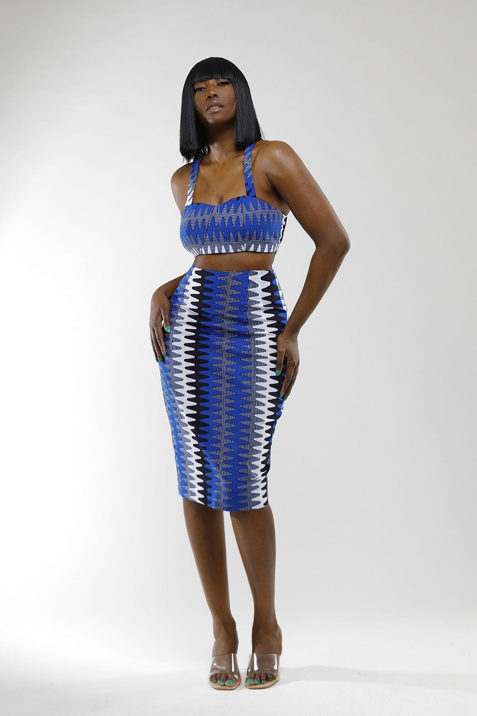 Zeon Blue Zig Zag Print Midi Skirt