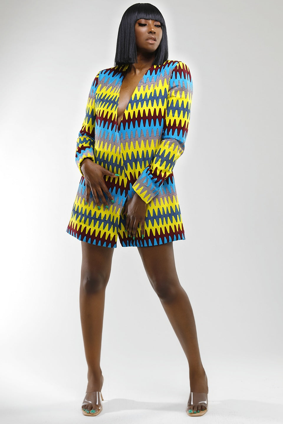 Zeon Multi-Coloured Zig Zag Print Structured Long Blazer
